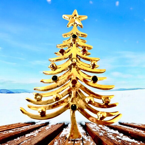 Tancer II Christmas Tree Brooch Vintage Signed Gold-tone Rhinestones - Picture 4 of 12